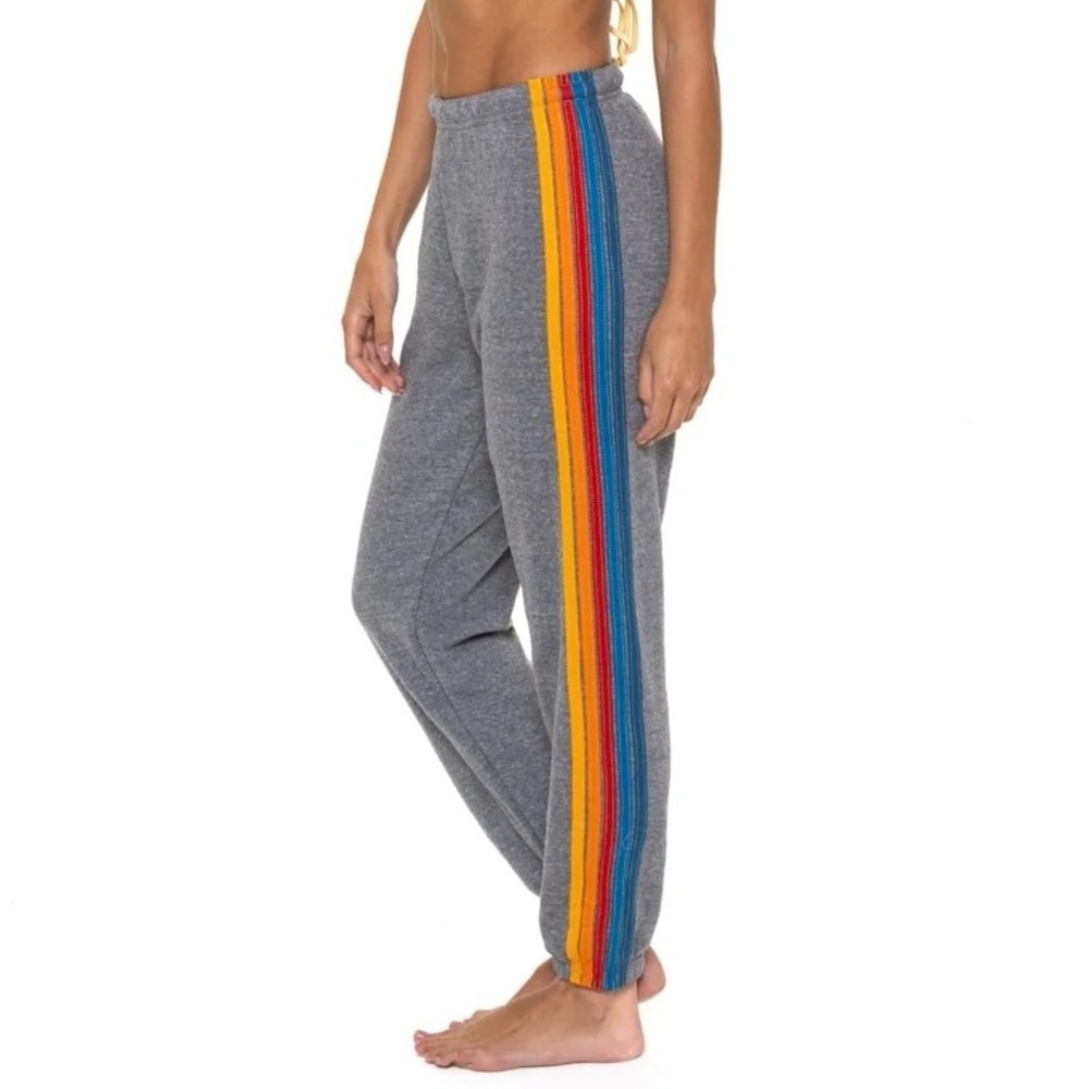 Aviator Nation 5 Stripe Sweatpants Women XS Heather Grey Rainbow Retro Joggers